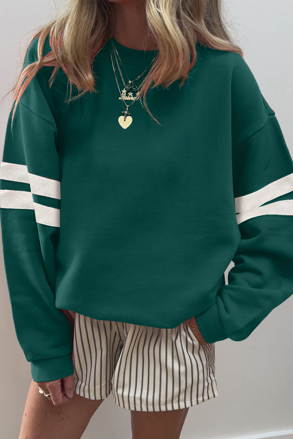 Navy Blue Preppy Striped Sleeve Loose Sweatshirt