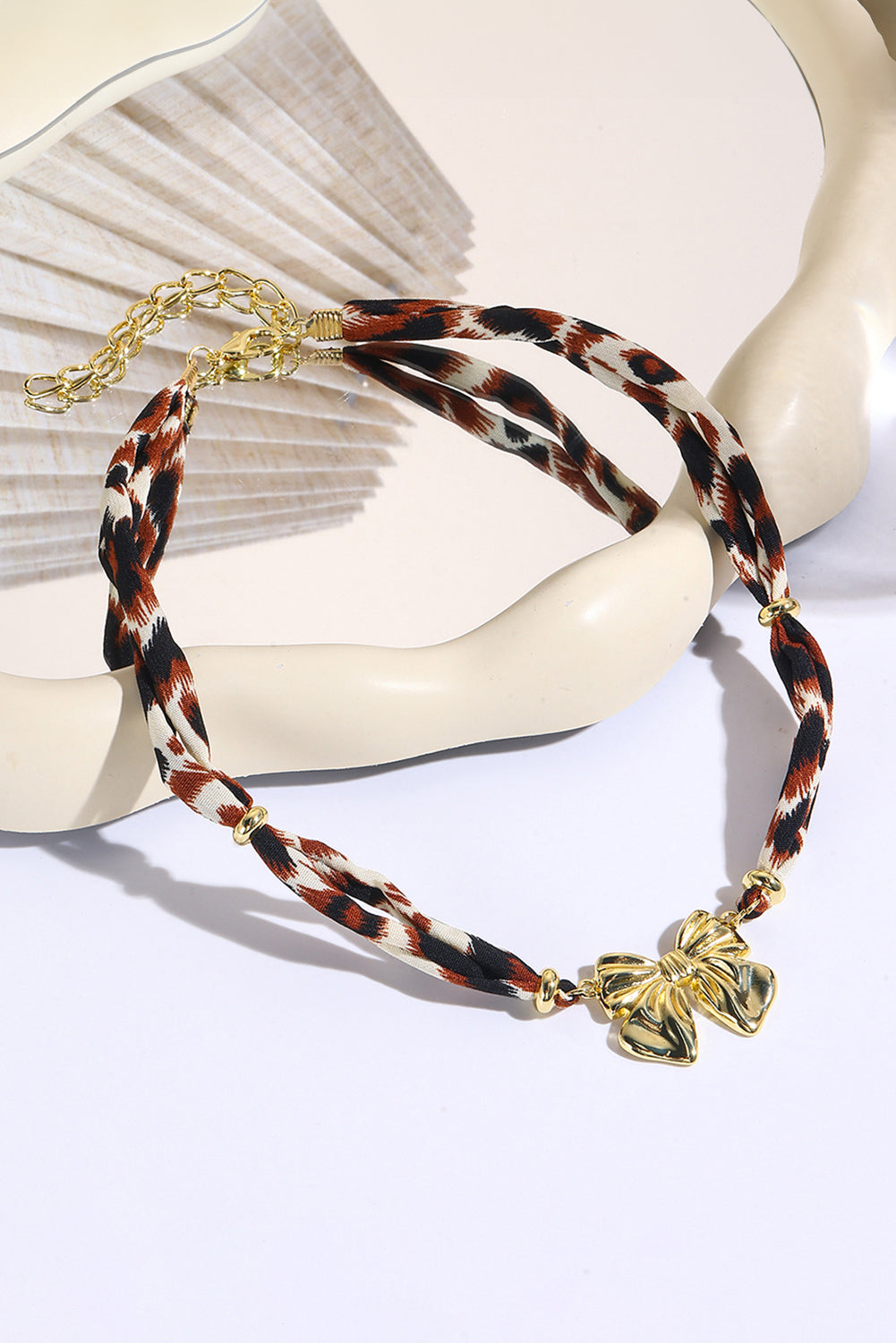Gold Bowknot Pendant Leopard Scarf Necklace