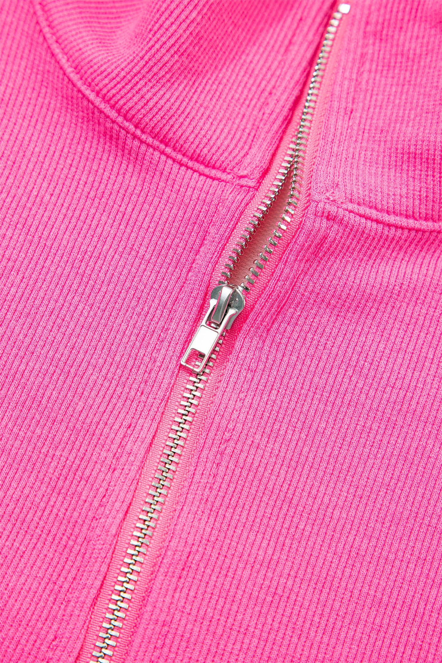 Pink Half Zipper Placket Bracelet Sleeve Top Casual Shorts Set