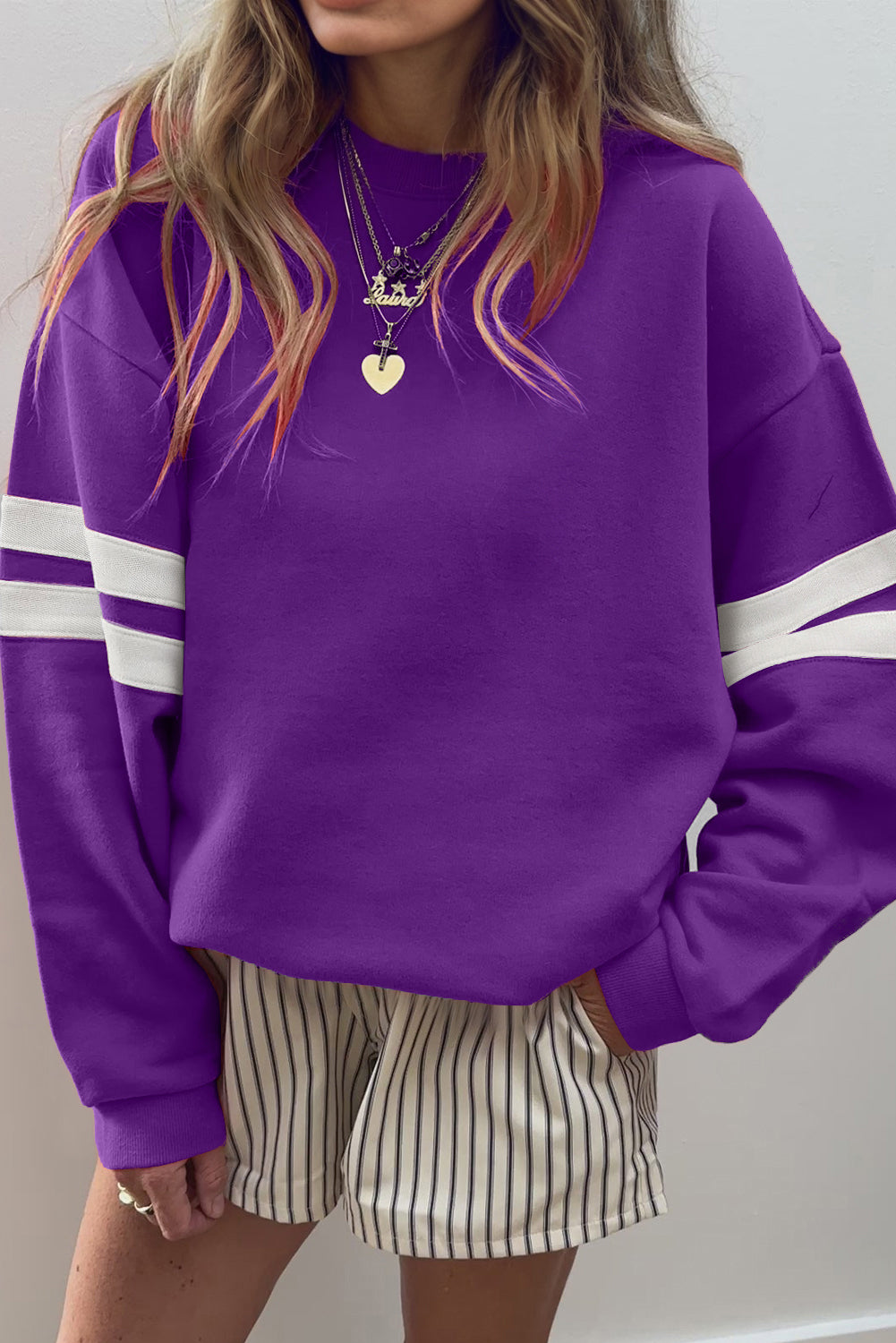 Navy Blue Preppy Striped Sleeve Loose Sweatshirt