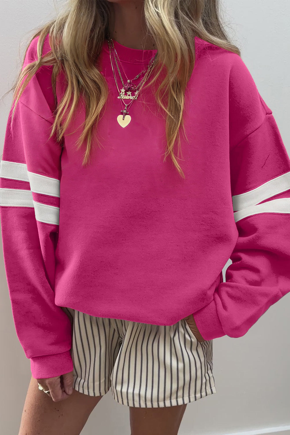 Navy Blue Preppy Striped Sleeve Loose Sweatshirt