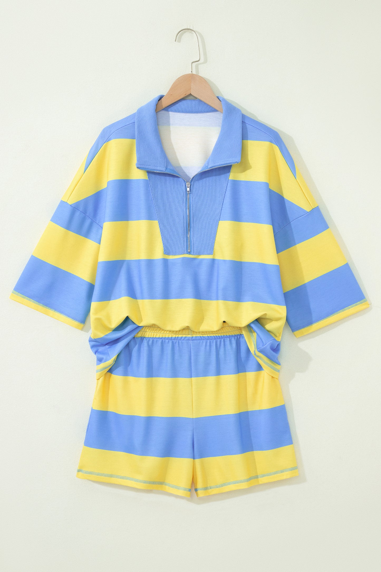 Pink Half Zipper Placket Bracelet Sleeve Top Casual Shorts Set