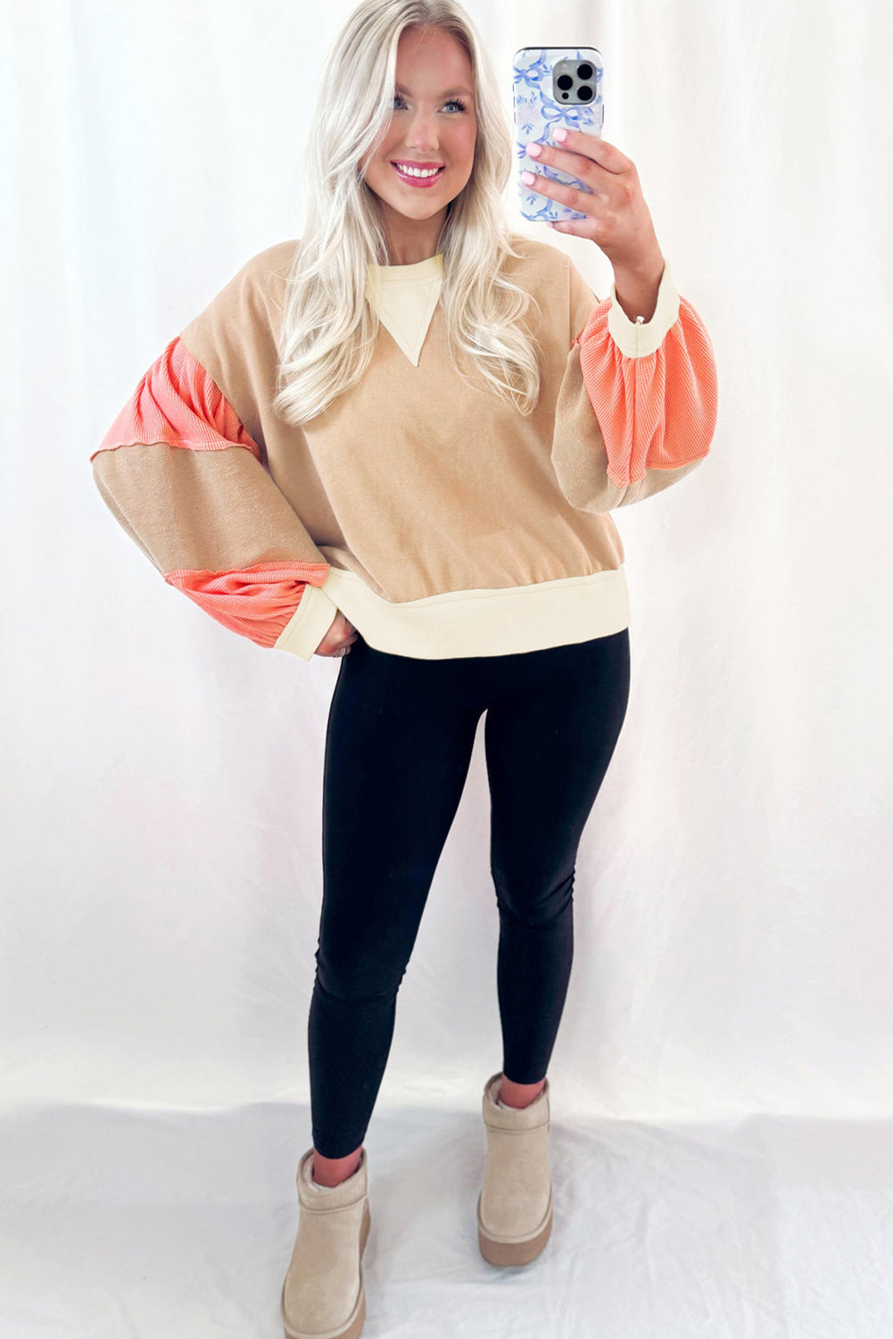 Light French Beige Waffle Textured Patchwork Pullover Sweatshirt