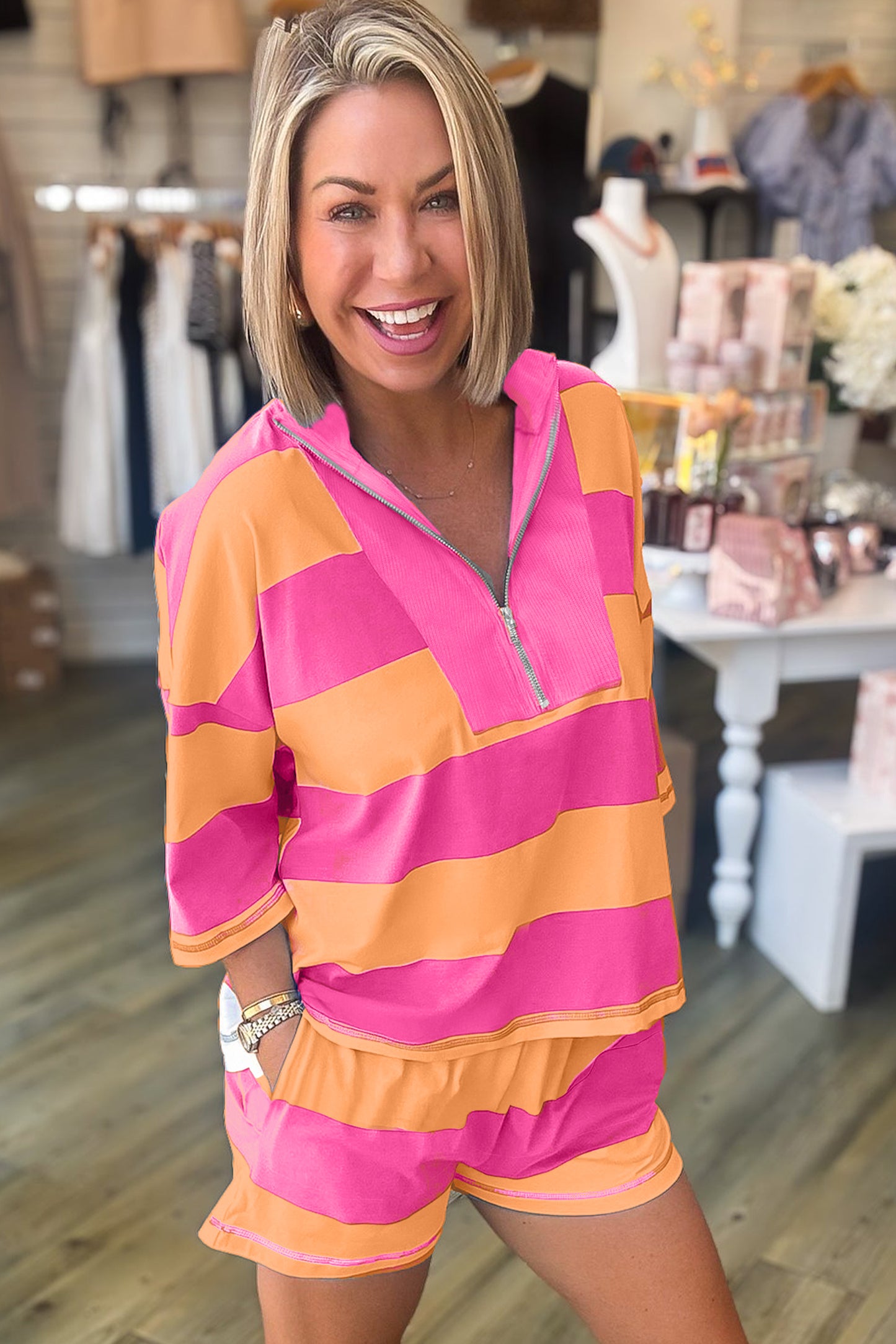 Pink Half Zipper Placket Bracelet Sleeve Top Casual Shorts Set