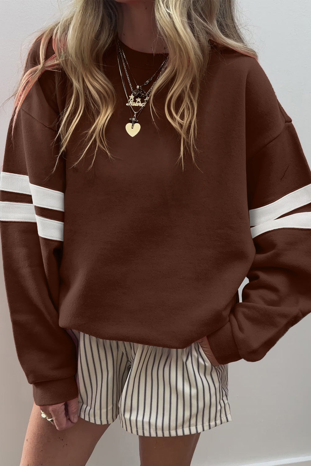 Navy Blue Preppy Striped Sleeve Loose Sweatshirt