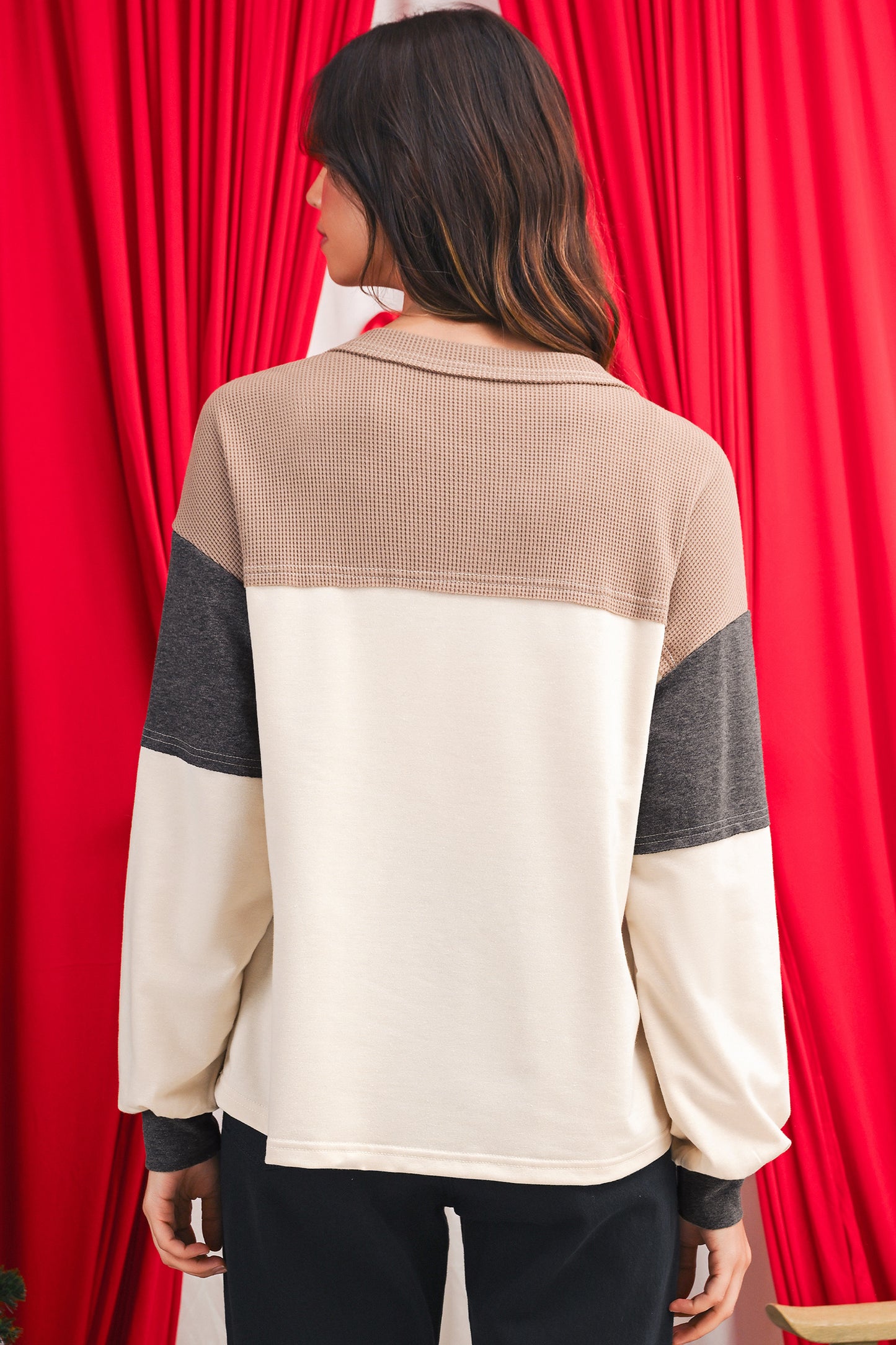 Jet Stream Colorblock Waffle Patchwork Loose Henley Top